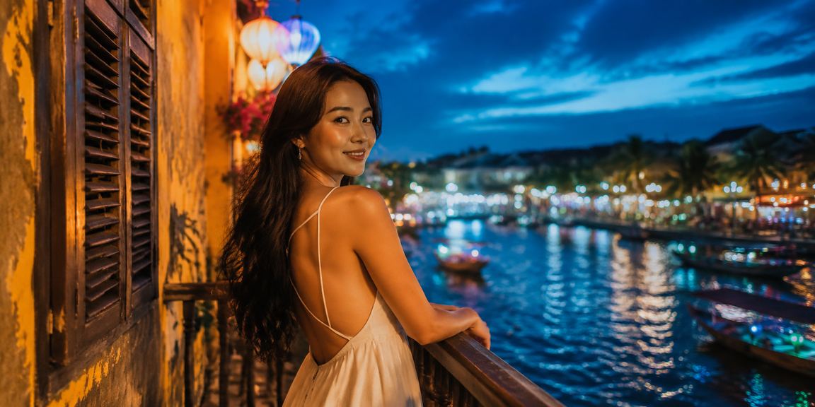 Banner sự kiện chào hè với quả bóng và văn hoá Hội An
