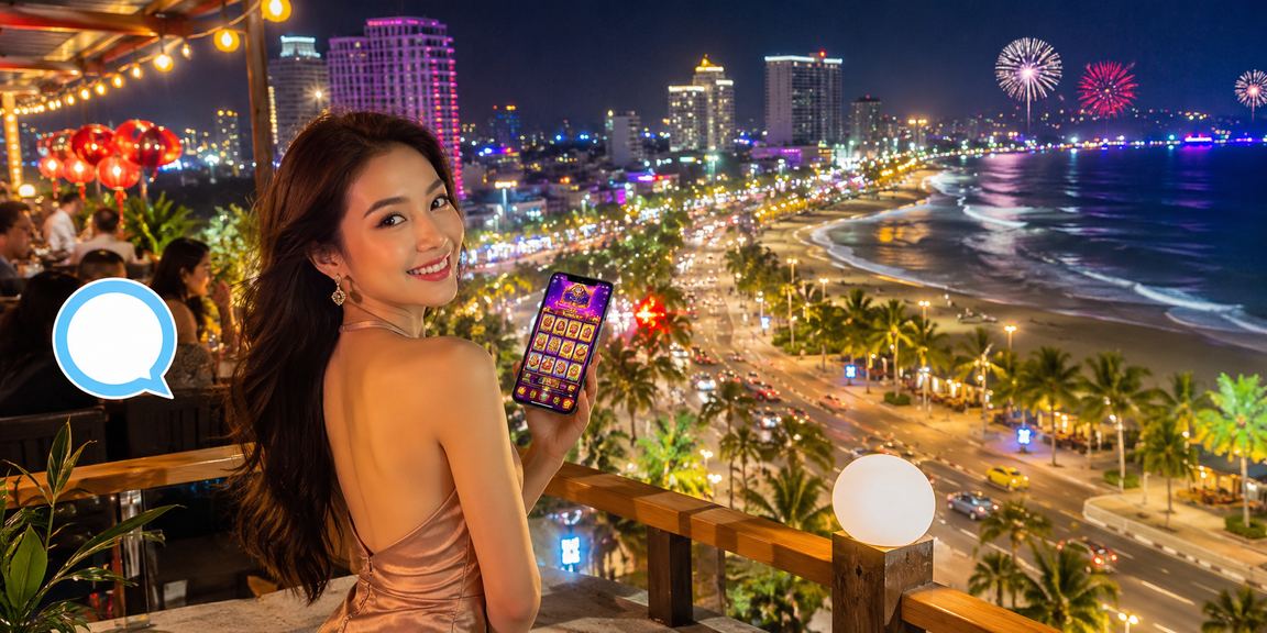 Người chơi thực hiện giao dịch tài chính trực tuyến trên bãi biển Nha Trang